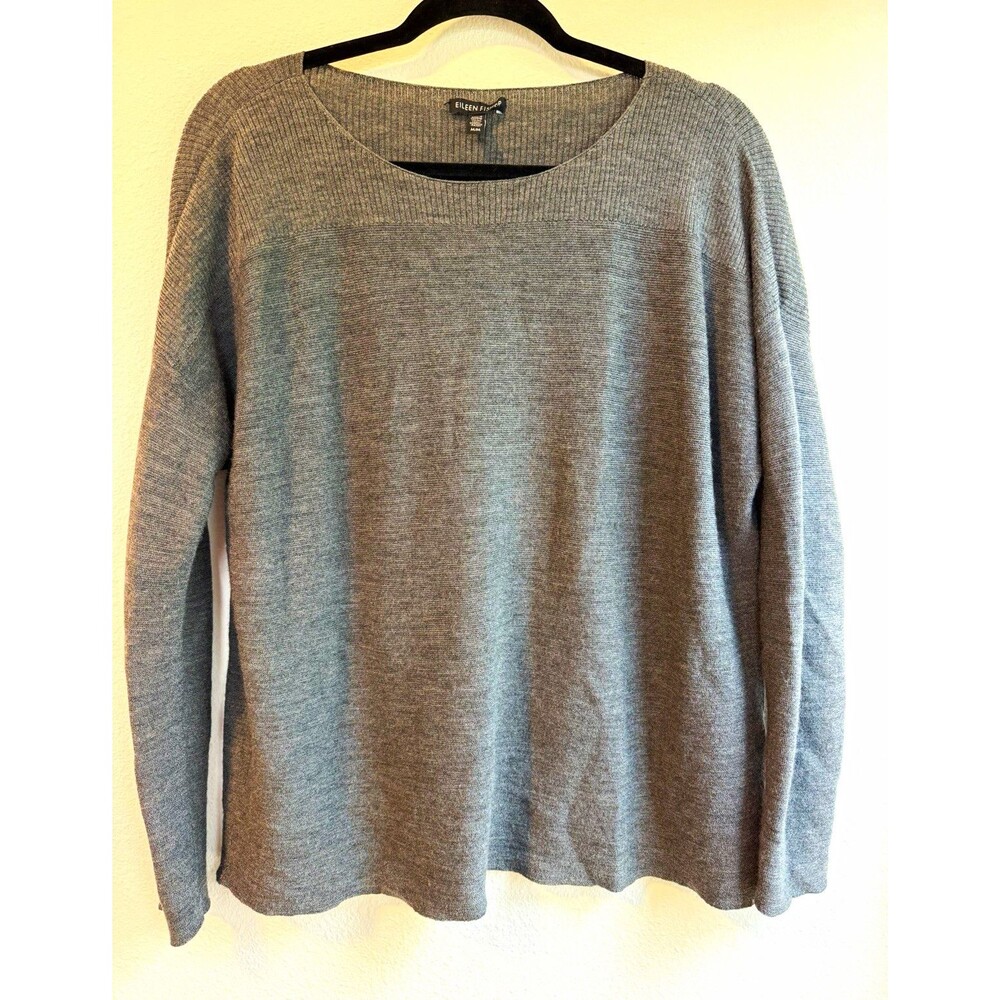 Eileen Fisher Gray Merino Wool Knit Scoop Neck Long Sleeve Pullover Sweater M